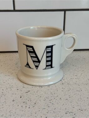 Anthropologie Monogram “M” Shaving Style Mug White Black Initial EUC